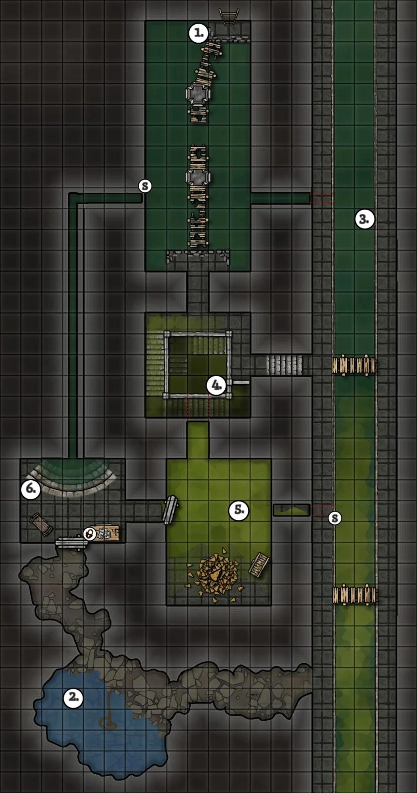 Sewer dungeon map from Cheese Goblins, with waterways, broken bridges, and six connected rooms.