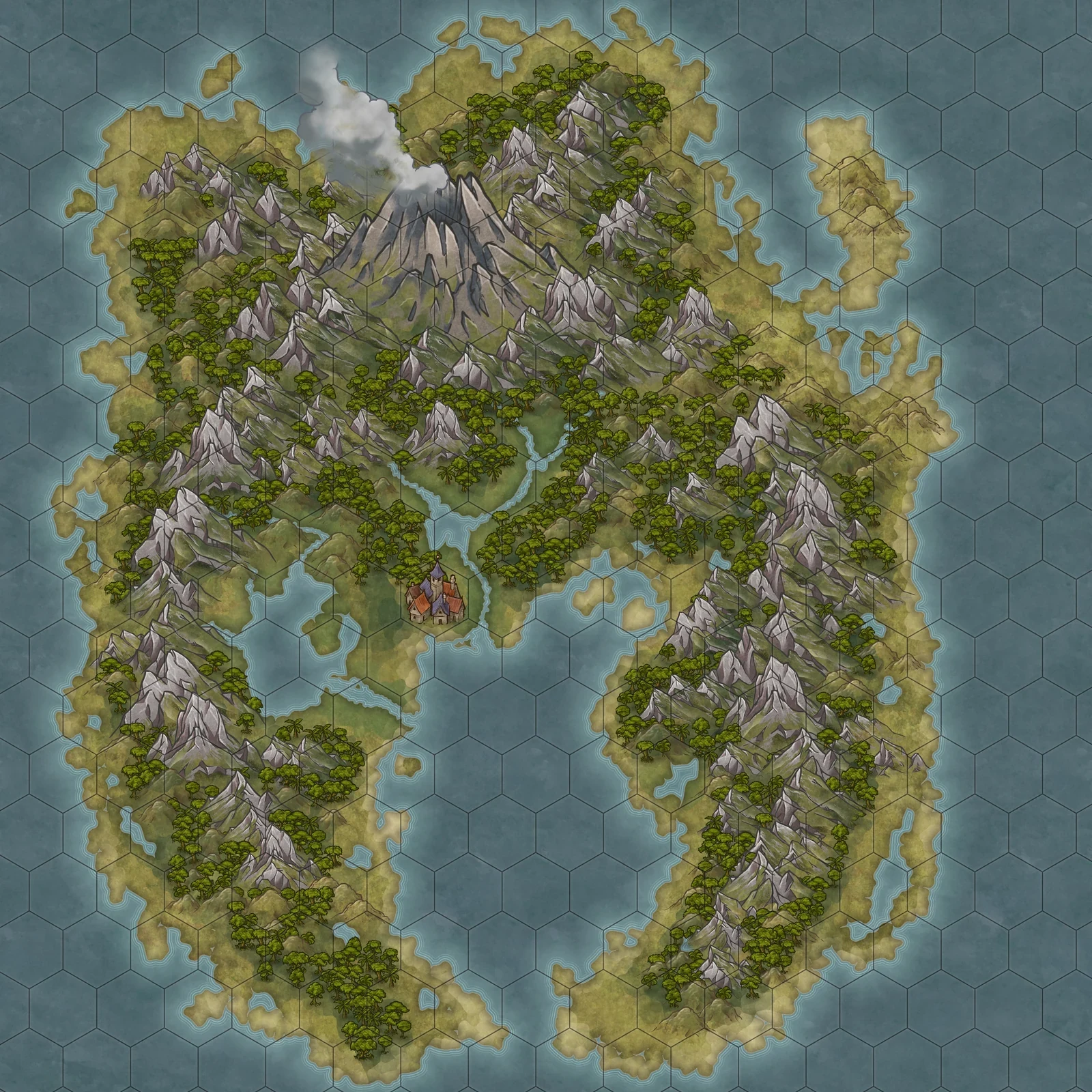 Player map of Tumalte, showing mountains, jungle, rivers and coastline.
