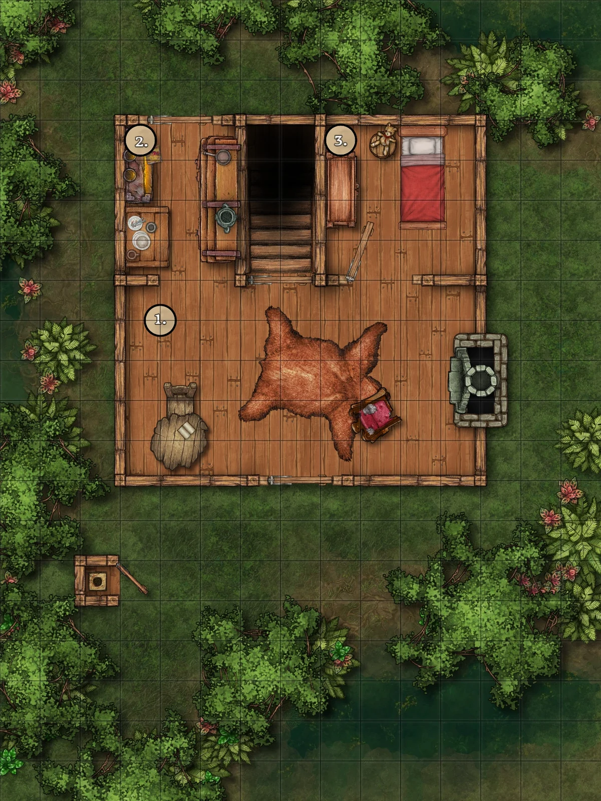 Top-down map of the swamp cabin’s main floor and surrounding marsh.