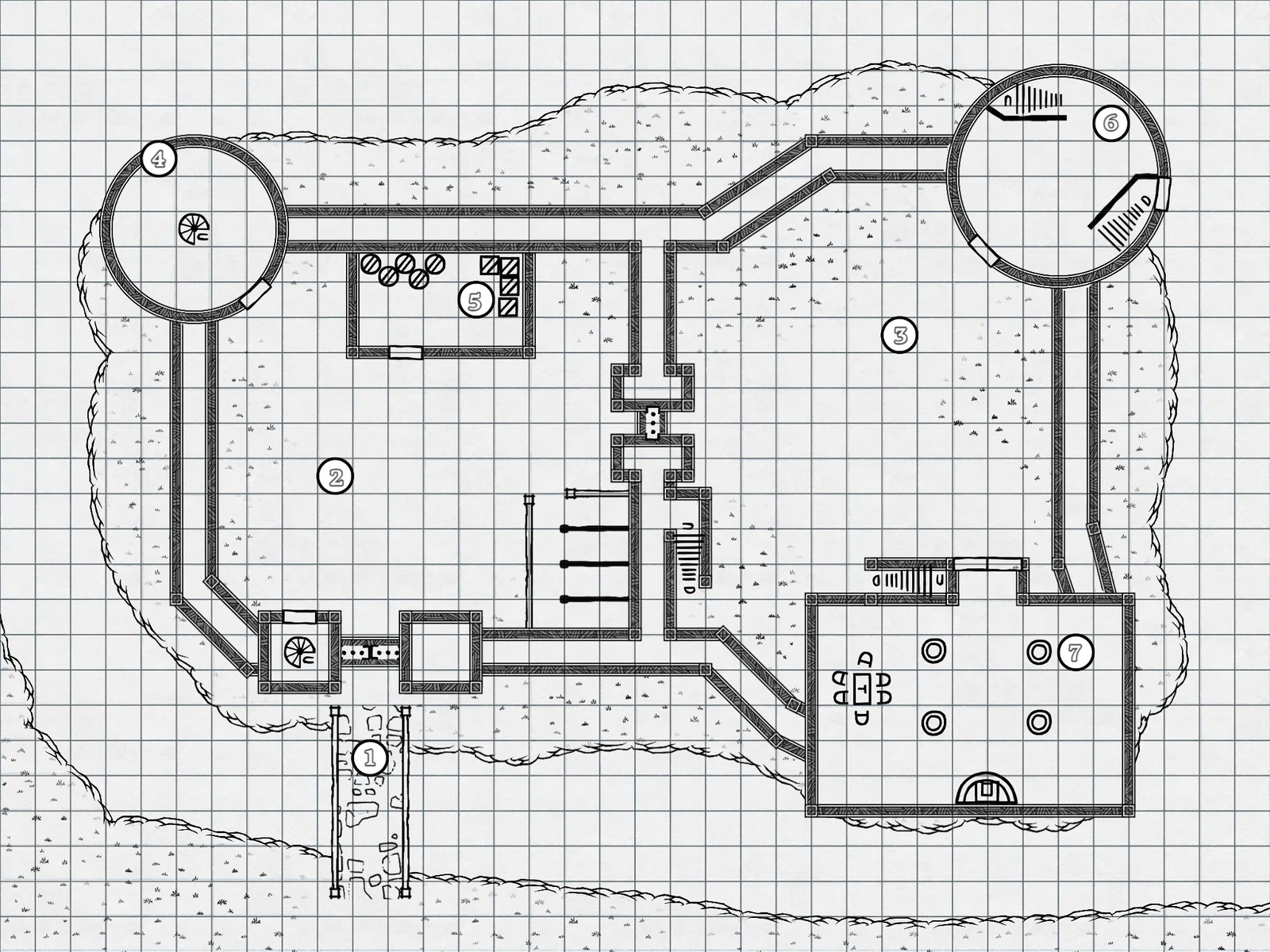 Ground-floor map of Fort Greylock, showing its courtyards, towers and entrance.